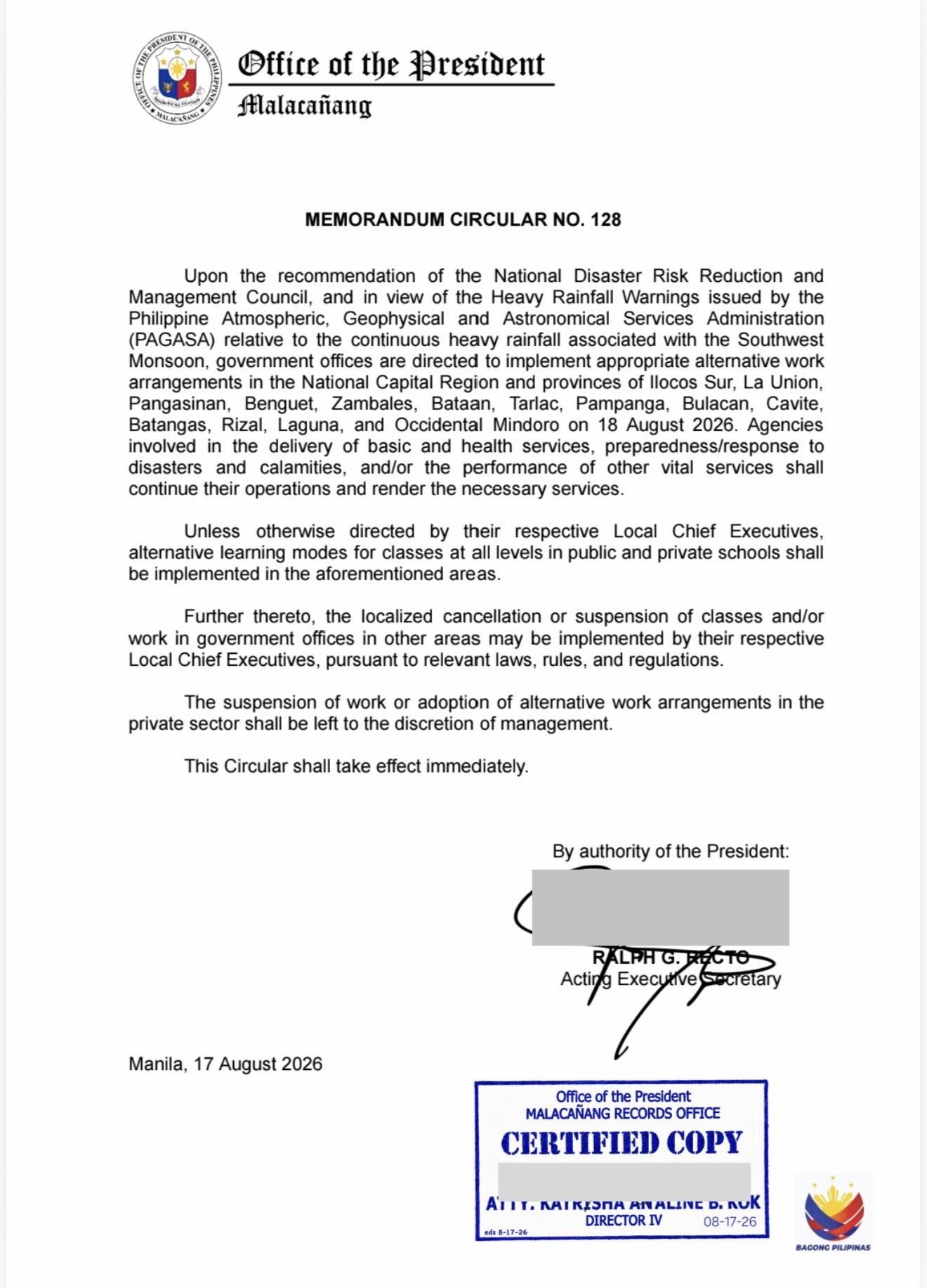 #ADVISORY: Palace Issues MC No. 128 Shifting NCR and 14 Provinces to Alternative Work and Learning Setups (August 18, 2026)