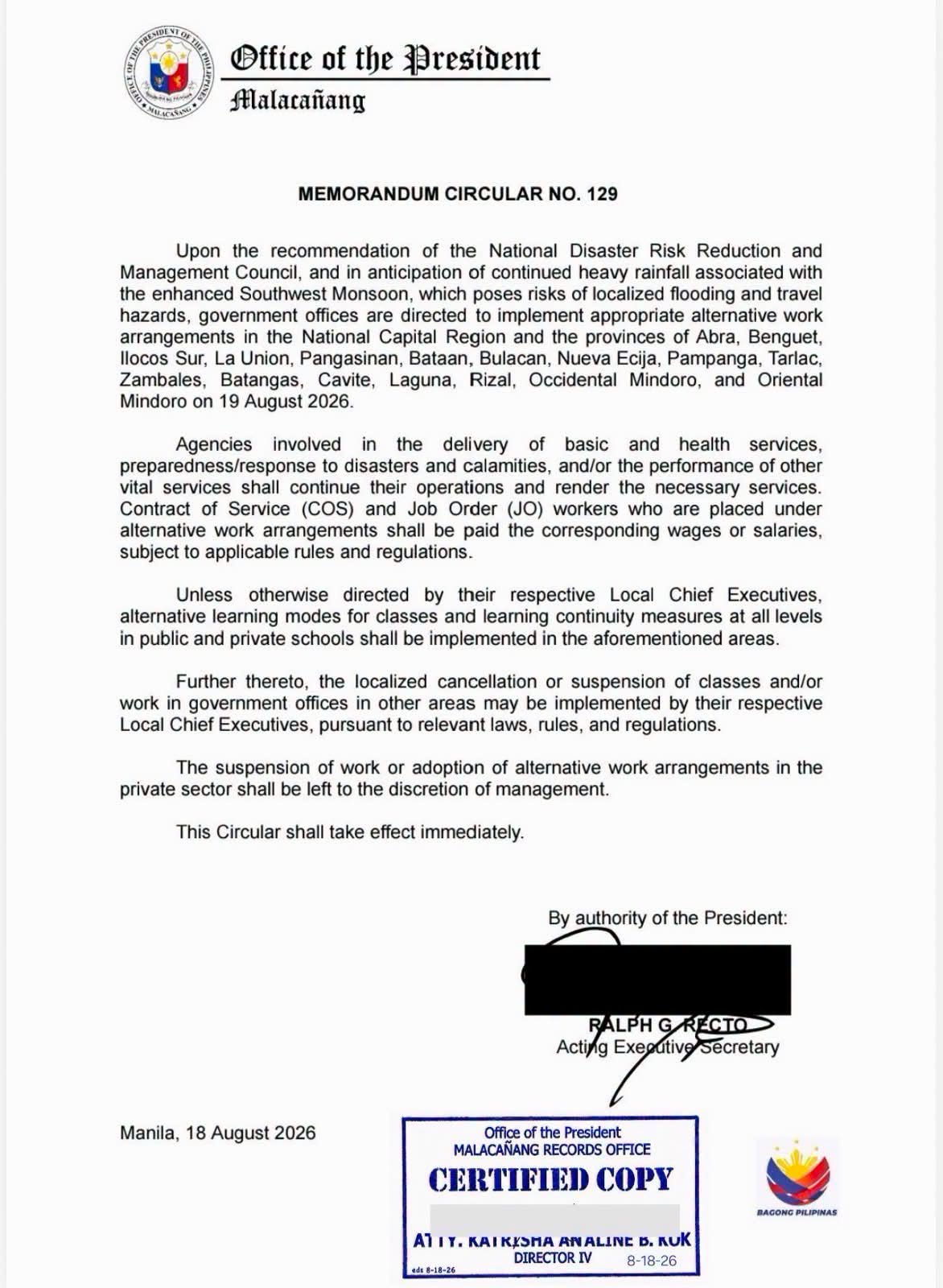 #ADVISORY: Palace Issues MC No. 129 Extending Alternative Work and Class Setups to NCR and 16 Provinces (August 19, 2026)