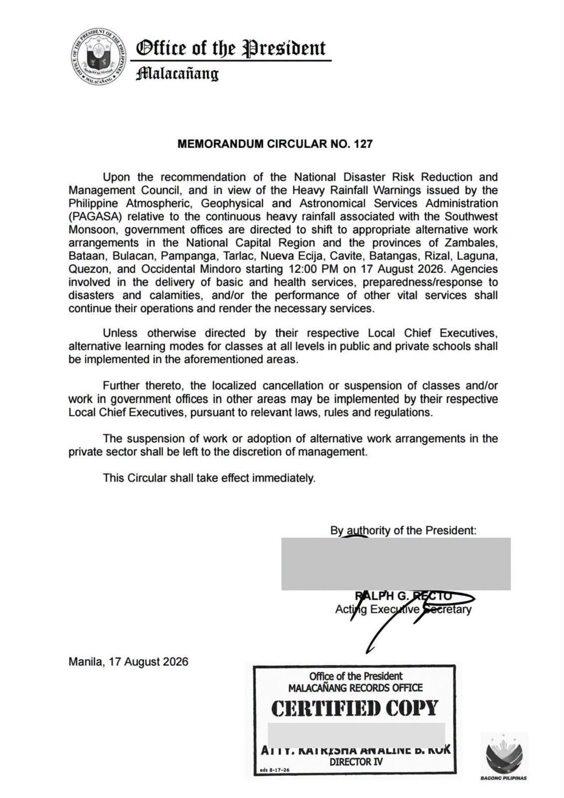 #BREAKINGNEWS: Palace Issues MC No. 127 Shifting NCR and 12 Provinces to Alternative Work and Learning Modes (August 17, 2026)
